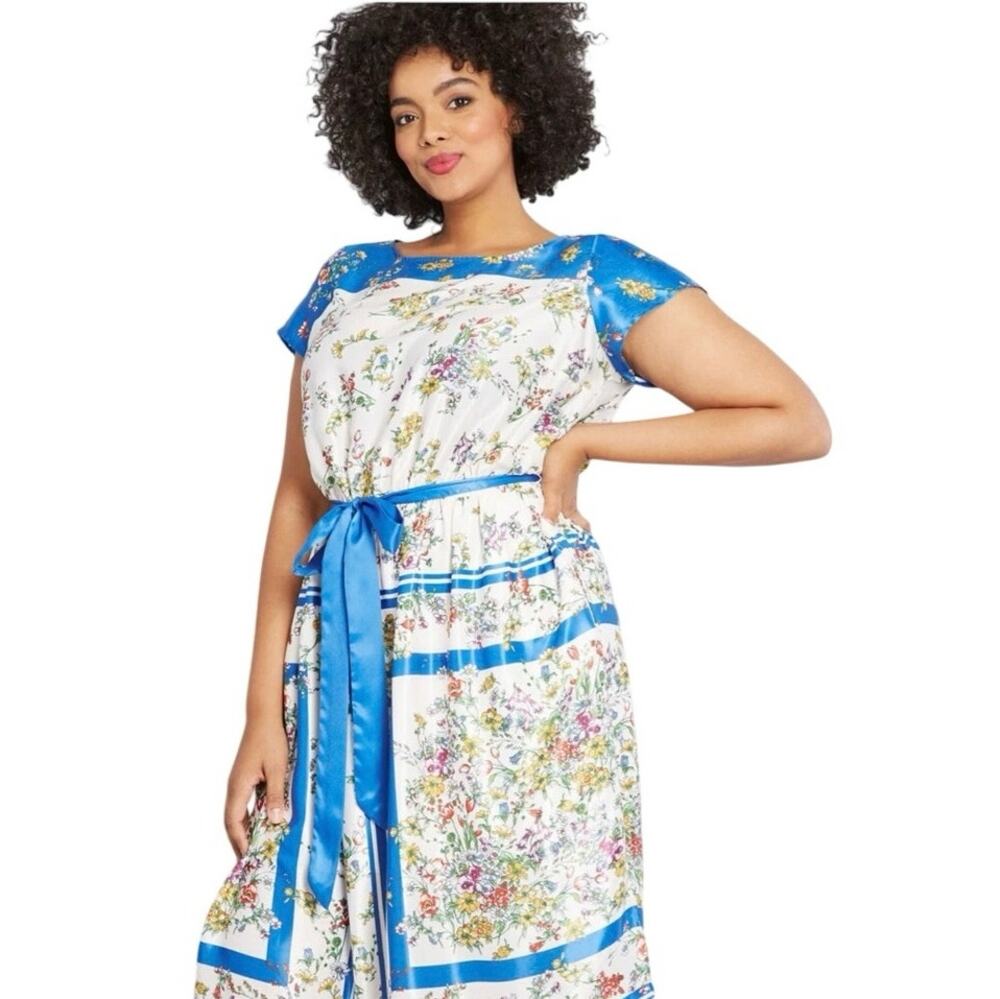 ModCloth Sunlit Reverie Floral Satin Scarf Print Dress Blue Cream 3X NWT Garden